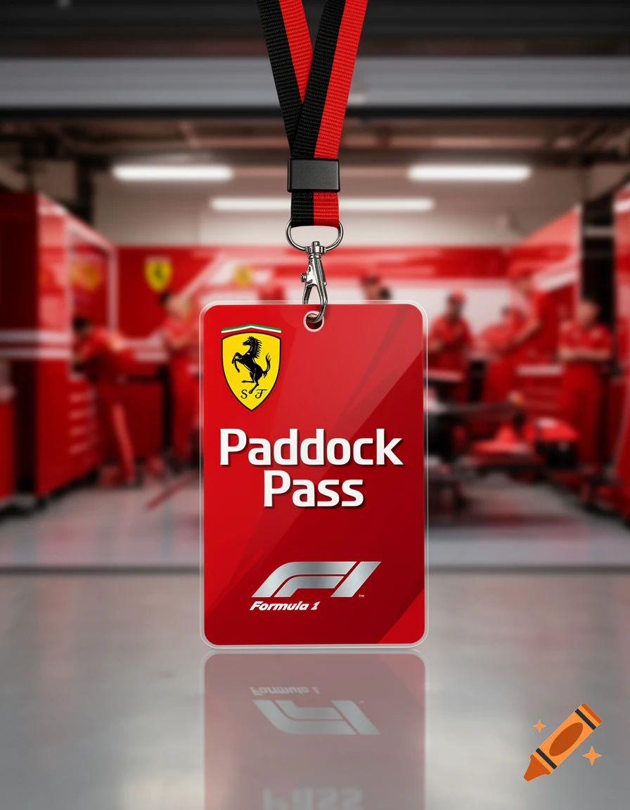 A red and black Formula 1 Ferrari Paddock Pass hangs from a lanyard, reflecting on a polished floor in a blurred garage.