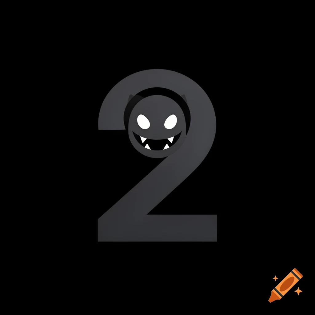 A minimalist dark gray number 2 with a cartoon monster head peering from its top hole, on a pitch-black background.