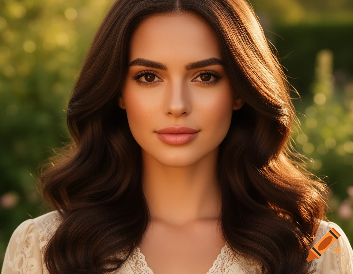 Photorealistic portrait of a young brunette woman with wavy hair, looking forward, against a soft green outdoor background.