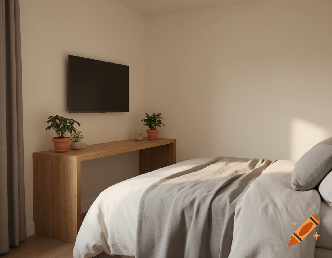 Photorealistic, cozy small bedroom with a bed, wooden console table with plants, and a wall-mounted TV in Scandinavian style.