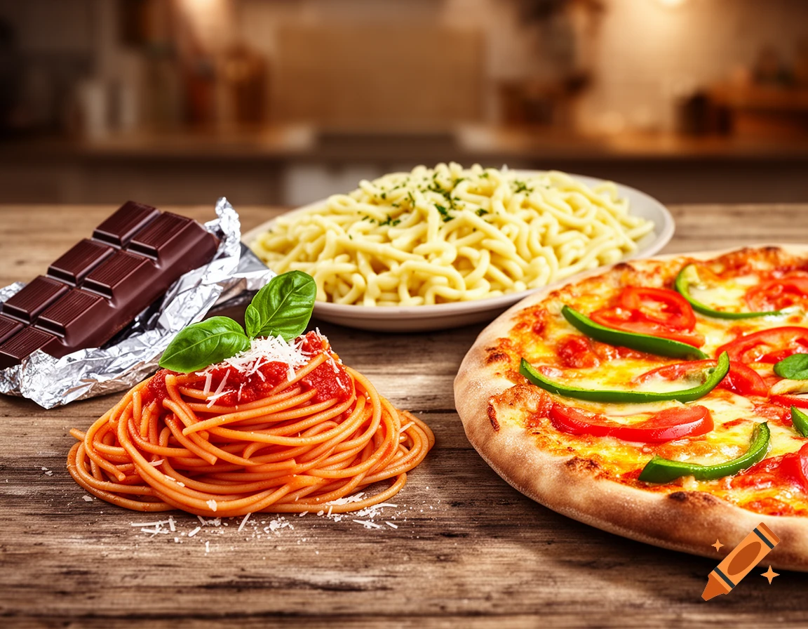 Photorealistic spread of spaghetti, pizza, Sp zel, and a chocolate bar on a wooden table.