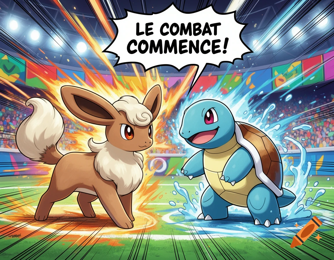 Eevee and Squirtle face off in a colorful stadium, with a speech bubble that reads 'LE COMBAT COMMENCE!'.
