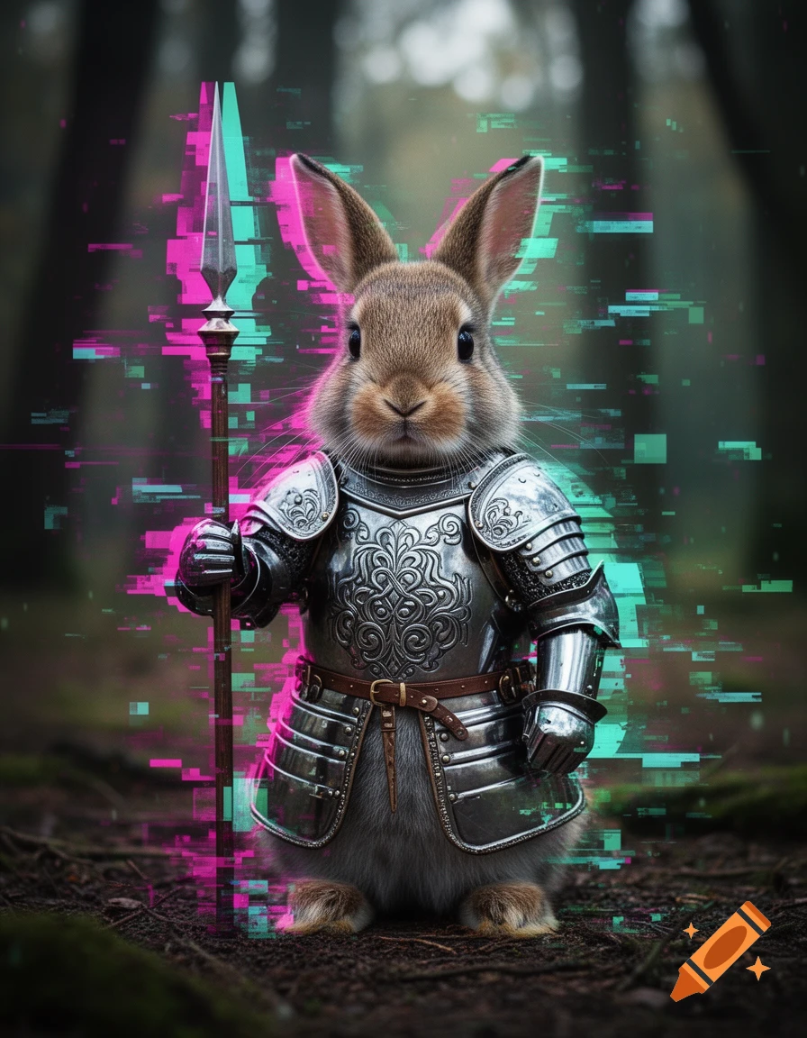 Photorealistic rabbit in ornate medieval armor holding a spear amidst vibrant glitch art in a forest.