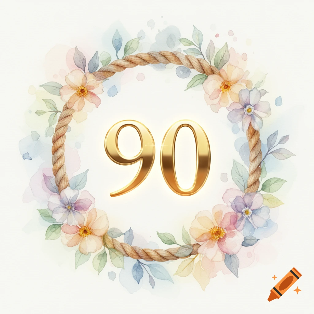 Golden number 90 surrounded by a rope wreath with watercolor flowers and leaves.