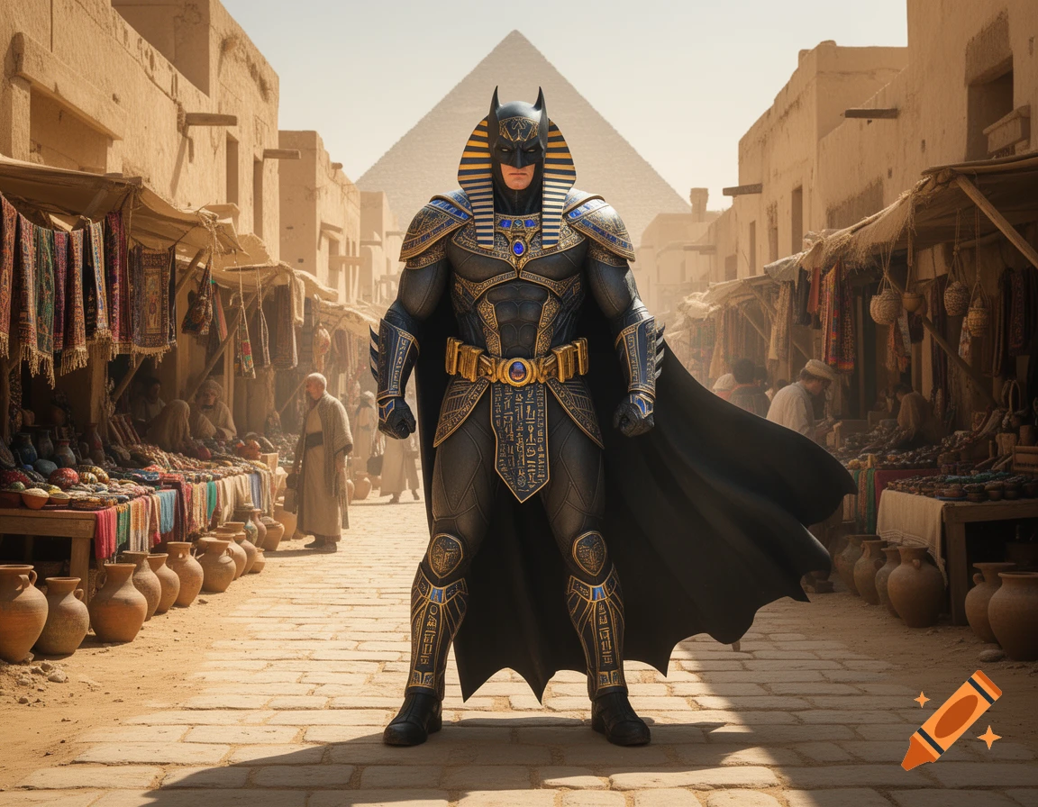 Batman in an elaborate black and gold Egyptian-themed suit stands in a sunlit ancient street with market stalls and a pyramid in the background.