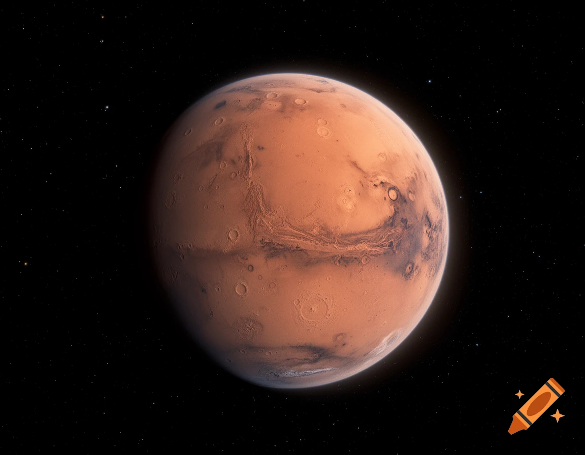 A photorealistic depiction of the reddish-brown planet Mars with craters and dark markings against a dark, star-filled space background.