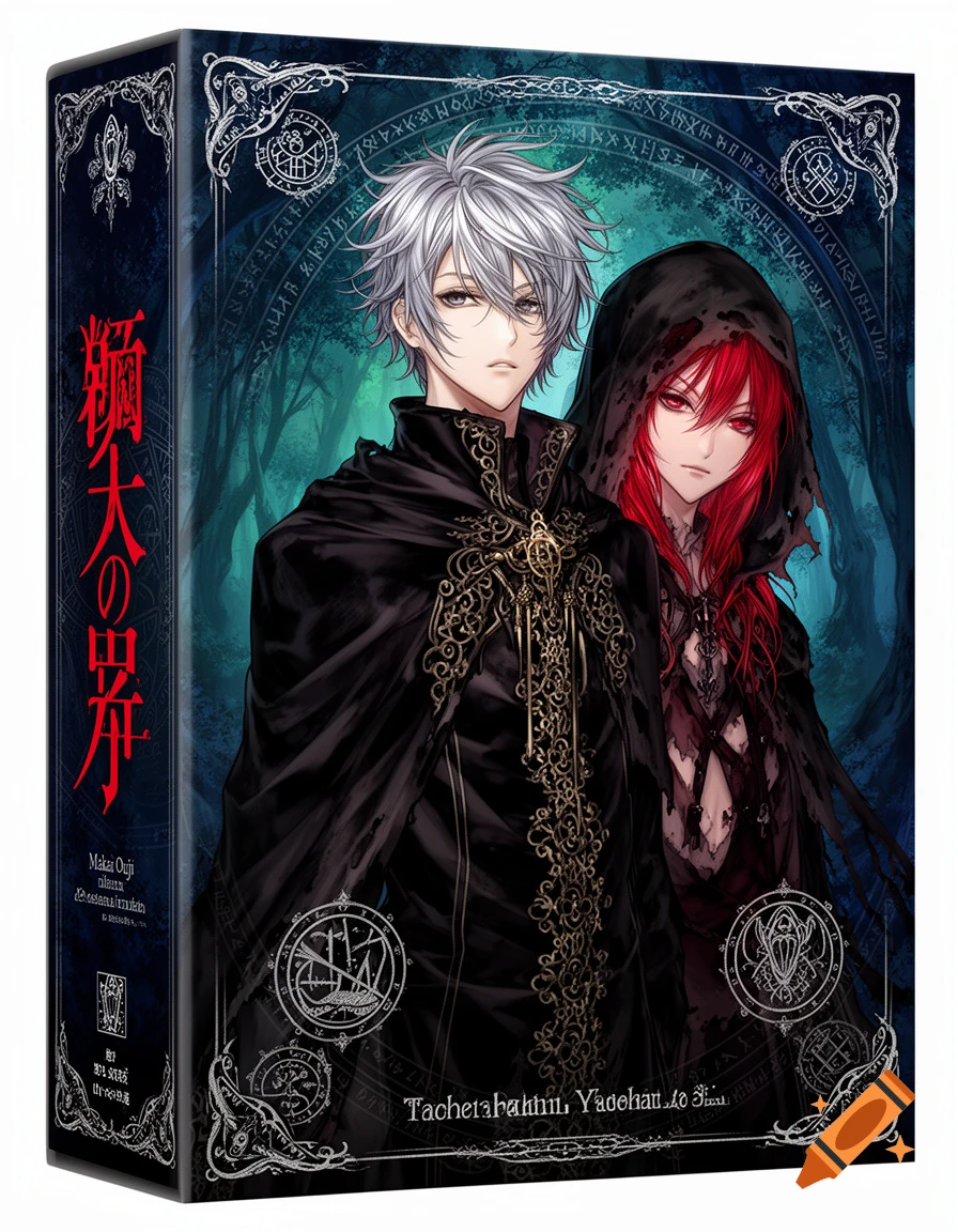 An anime-style book cover featuring a white-haired male and a red-haired female in dark, ornate cloaks, against a forest background. The side has Japanese and English text.