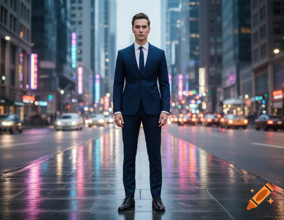 A man in a dark blue suit and tie stands in the middle of a wet city street at dusk, surrounded by blurred city lights and traffic.