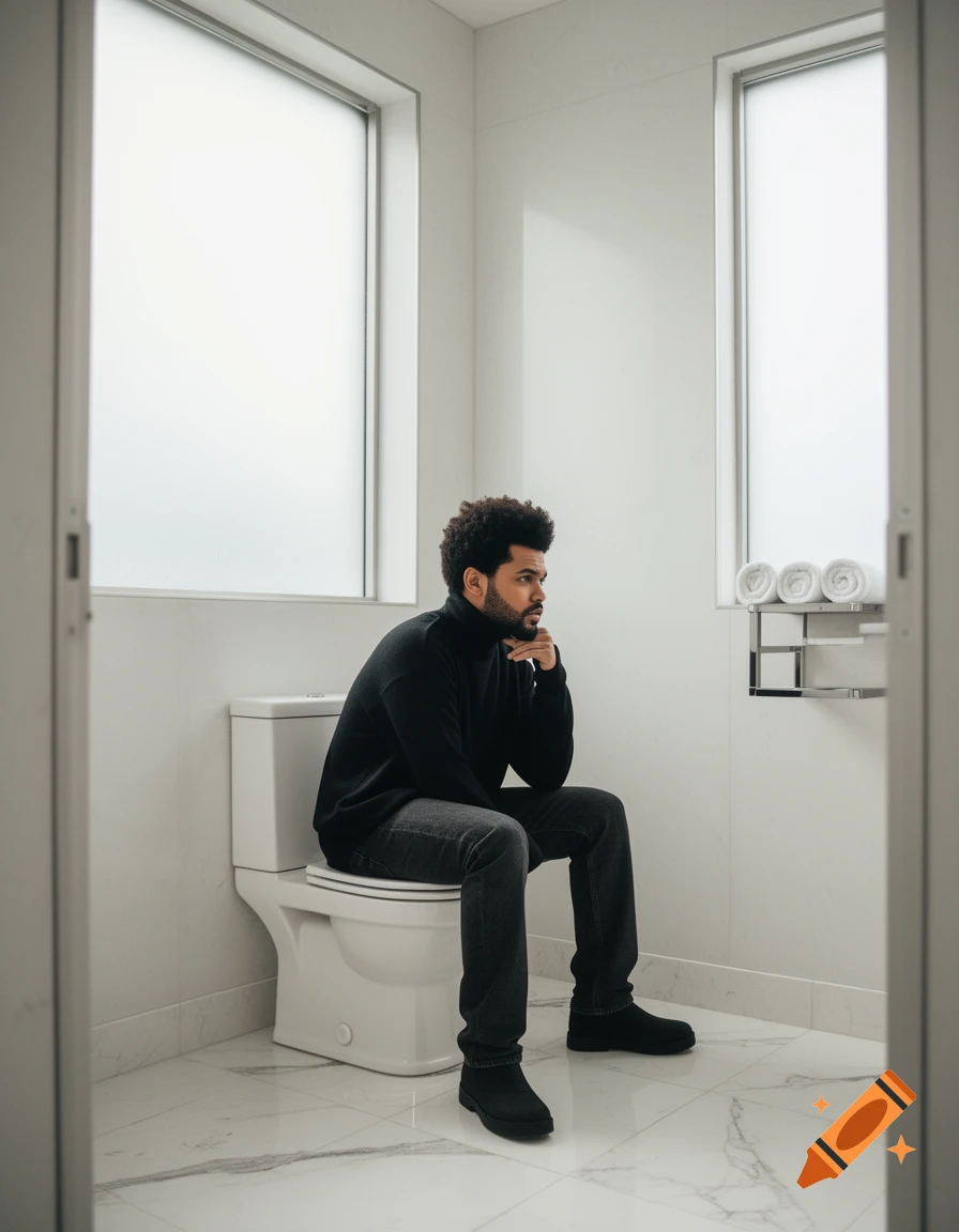 The Weeknd, dressed in black, sits on a toilet in a minimalist white bathroom, looking pensive.