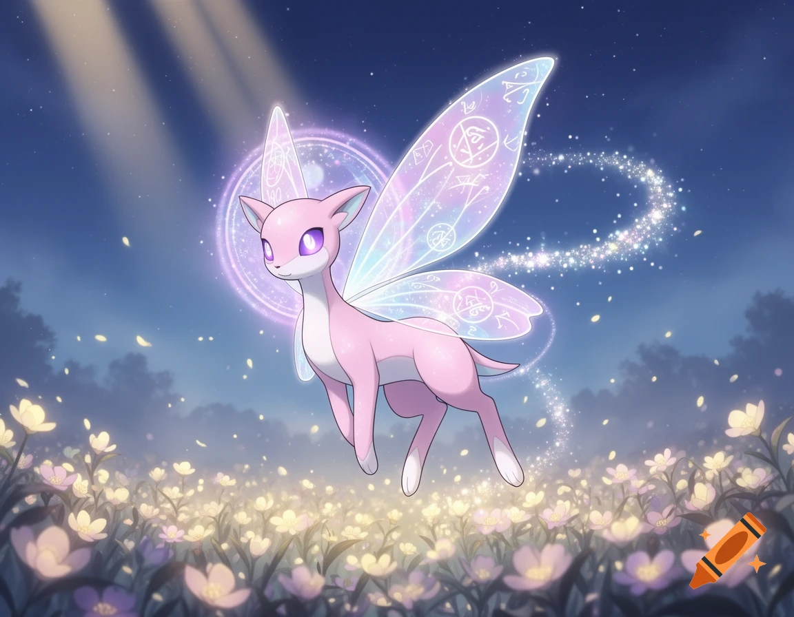 A pink, deer-like fairy creature with glowing, iridescent butterfly wings floats over a field of light pink flowers under a dark, starry sky.