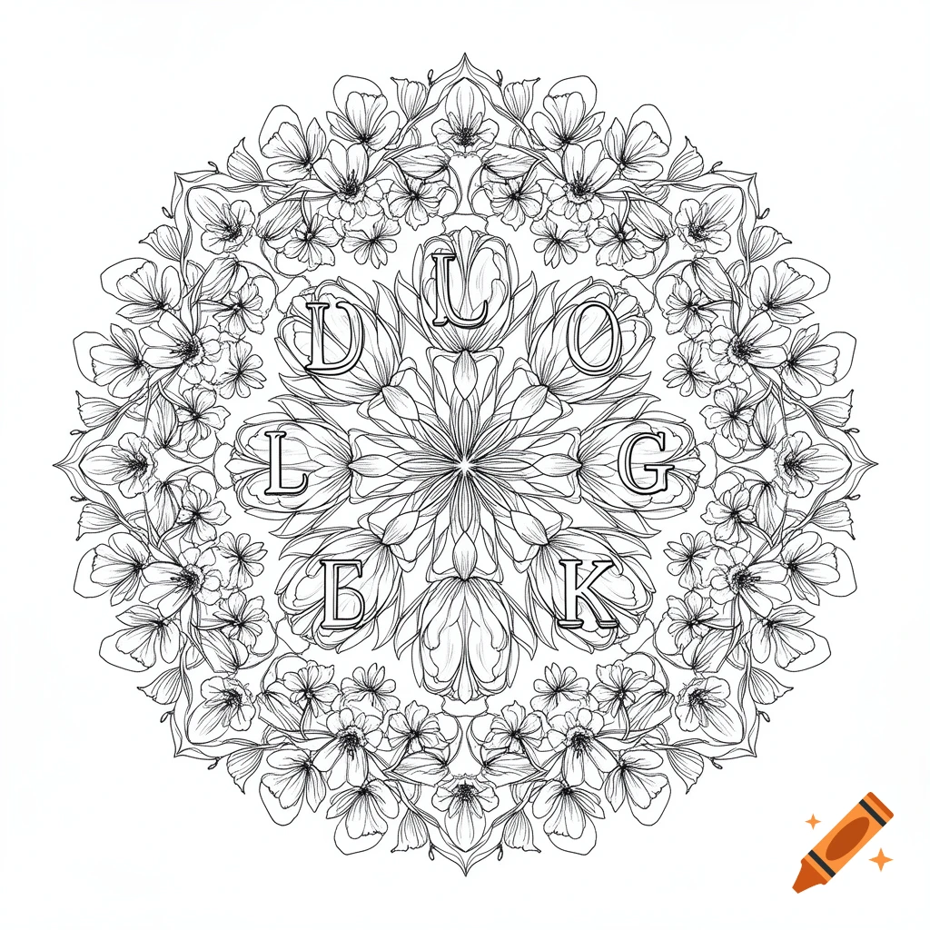 Black and white line art of a symmetrical floral mandala with integrated letters L, D, O, G, E, K.