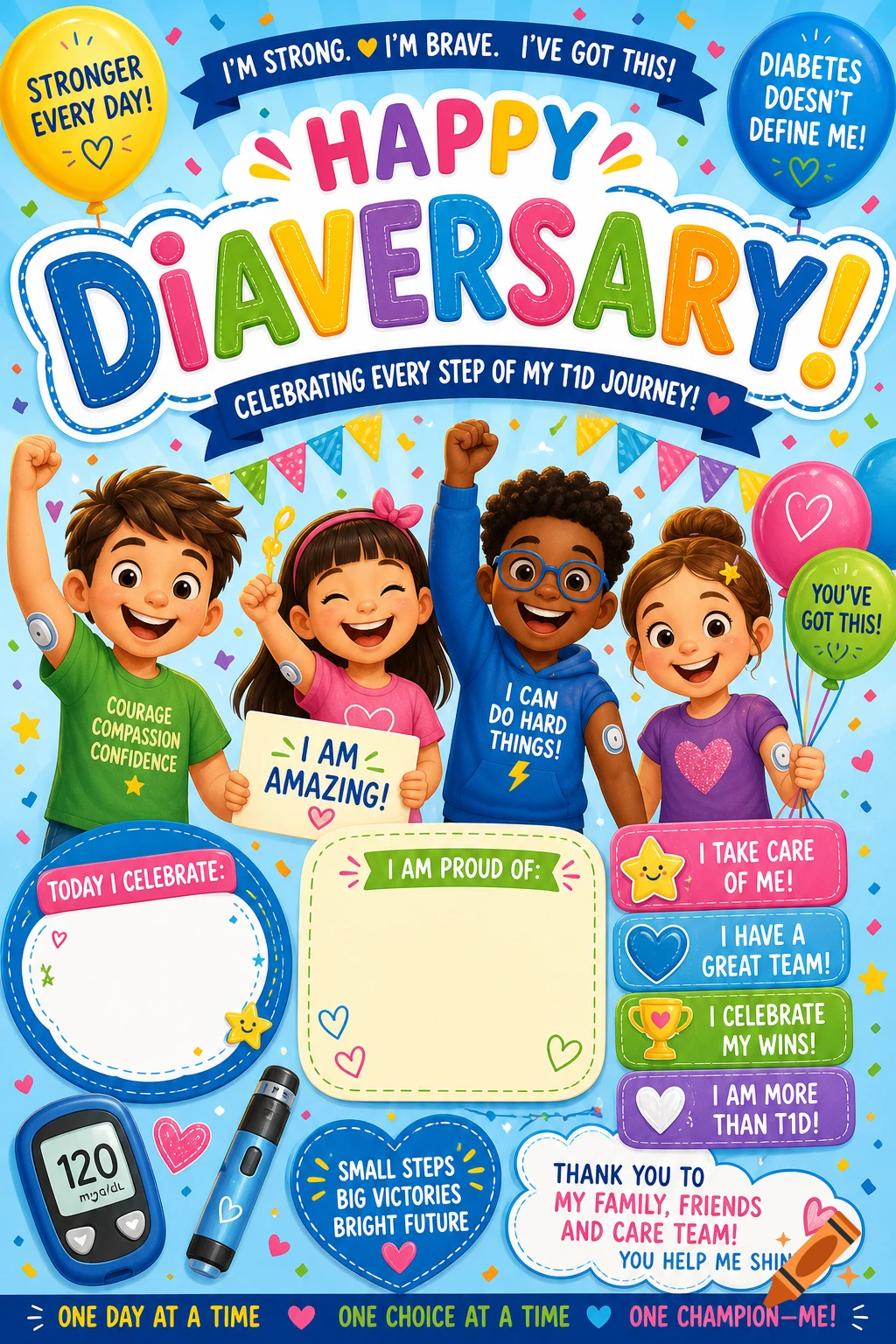Colorful poster of happy children celebrating "Diaversary" for Type 1 Diabetes, with motivational text, balloons, and medical items.