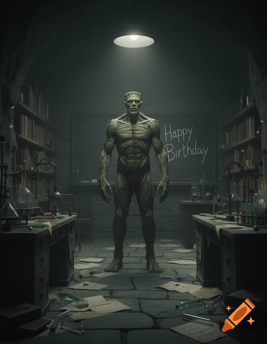 Frankenstein's monster stands in a dimly lit, cluttered gothic laboratory with 'Happy Birthday' on a blackboard.