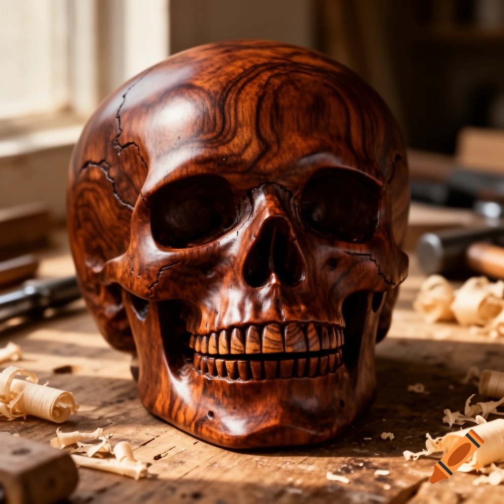 Photorealistic close-up of a dark reddish-brown wooden skull sculpture on a sunlit workbench, surrounded by wood shavings and tools.