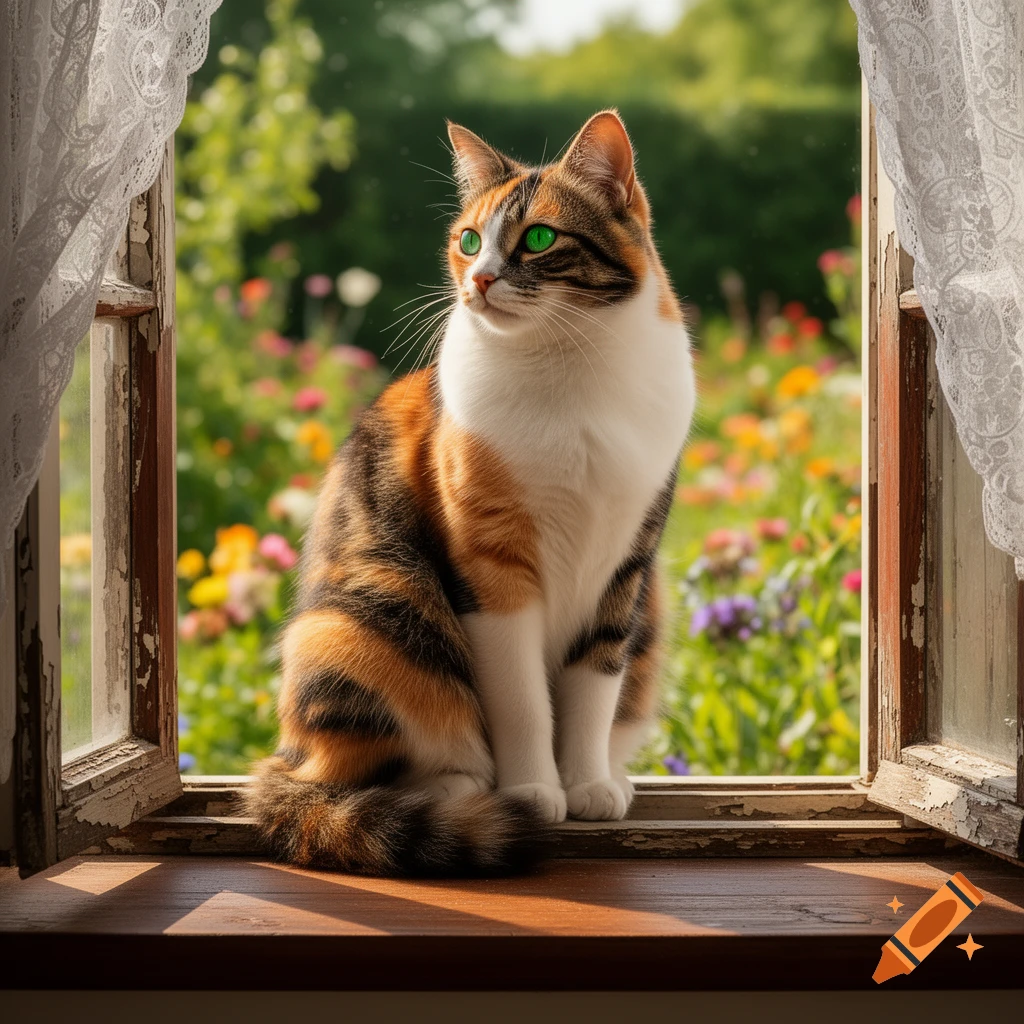 A photorealistic calico cat with bright green eyes sits on a wooden windowsill, looking out at a sunny, colorful garden.