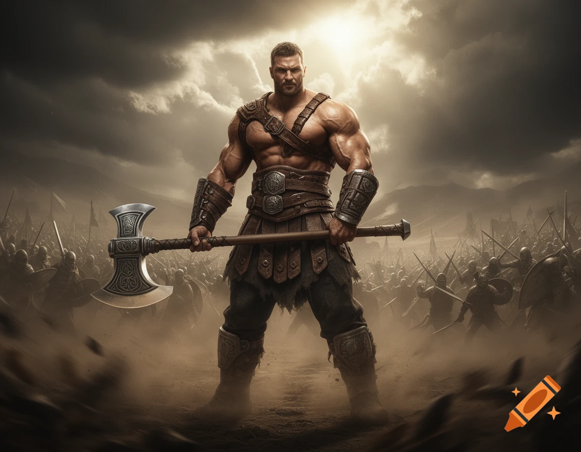 Muscular fantasy warrior in leather armor holds a battle axe on a dusty battlefield with an army under a dramatic sky.