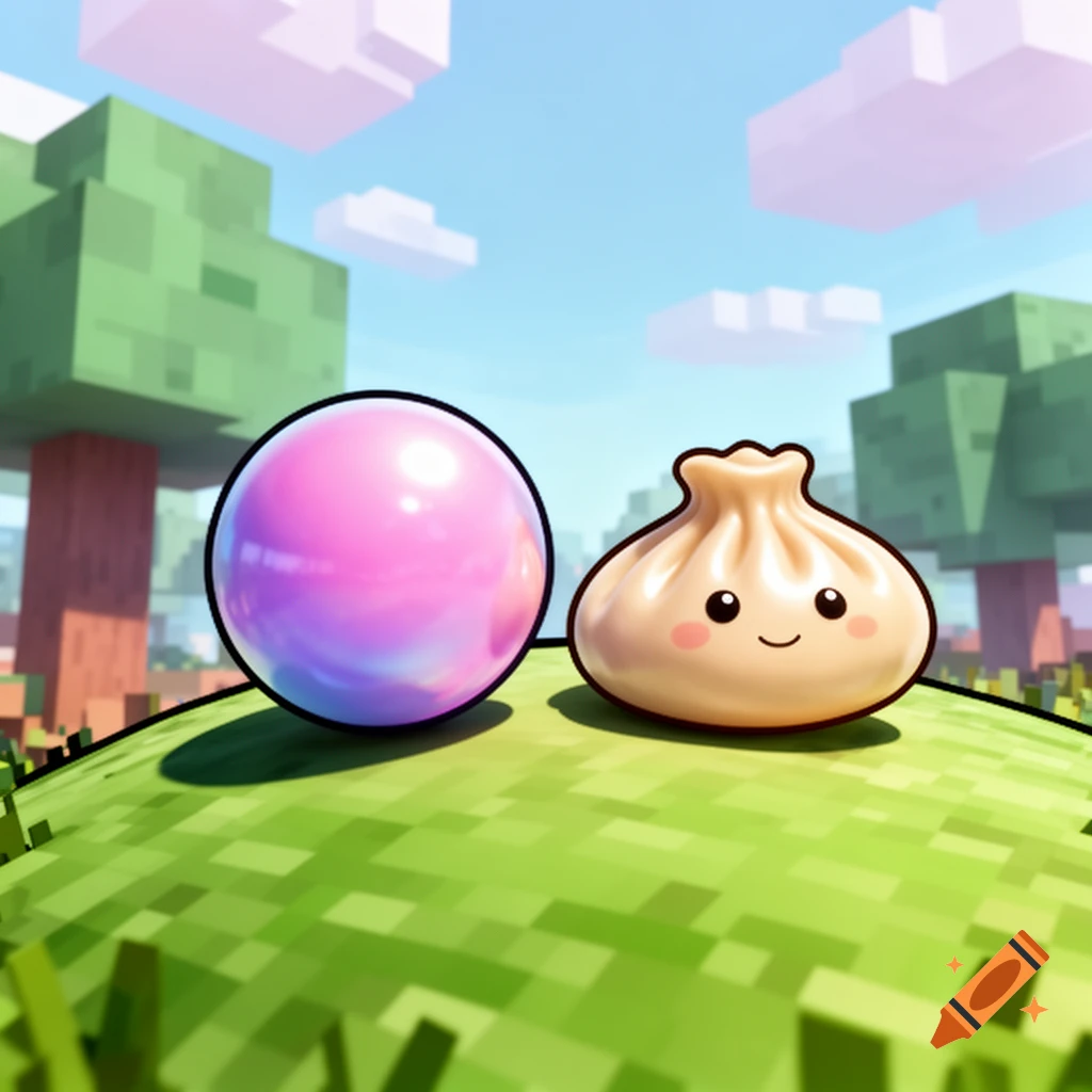A shiny pink sphere and a cute smiling dumpling sit on a grassy hill in a blocky, Minecraft-style landscape with trees and clouds.