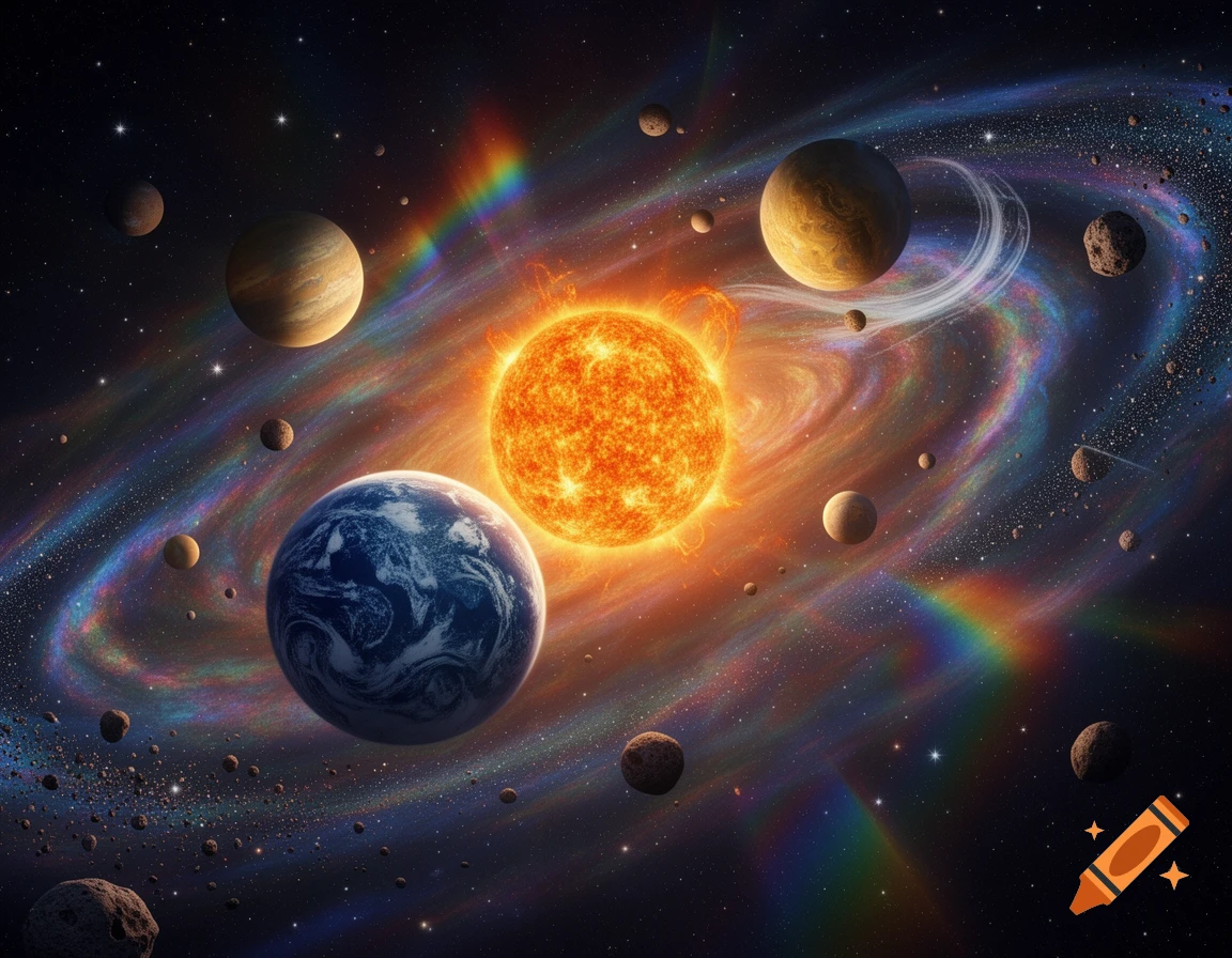 A vibrant, psychedelic space scene with a bright sun, planets, and asteroids amidst swirling colorful nebulae and rainbow streaks.