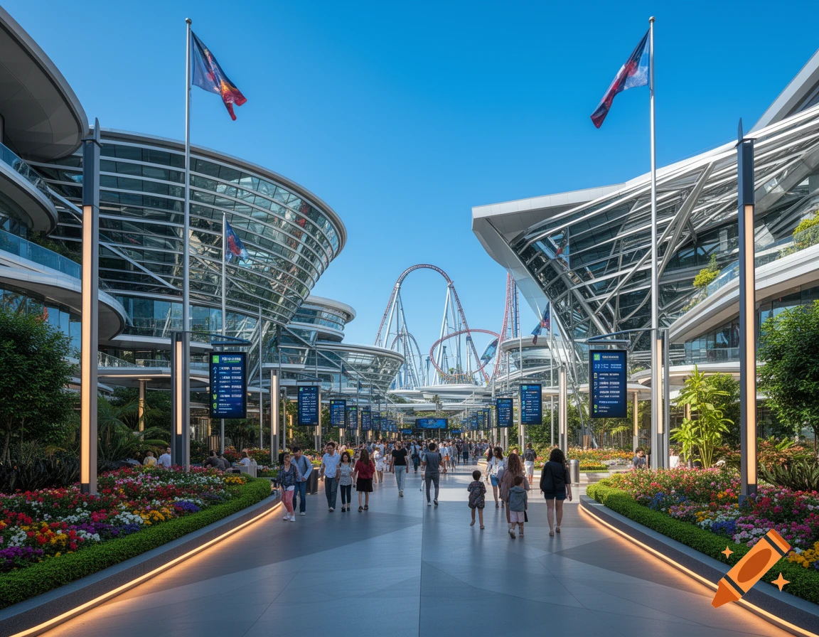 A wide, modern outdoor promenade in a theme park, lined with glass buildings, colorful flowerbeds, and people walking.