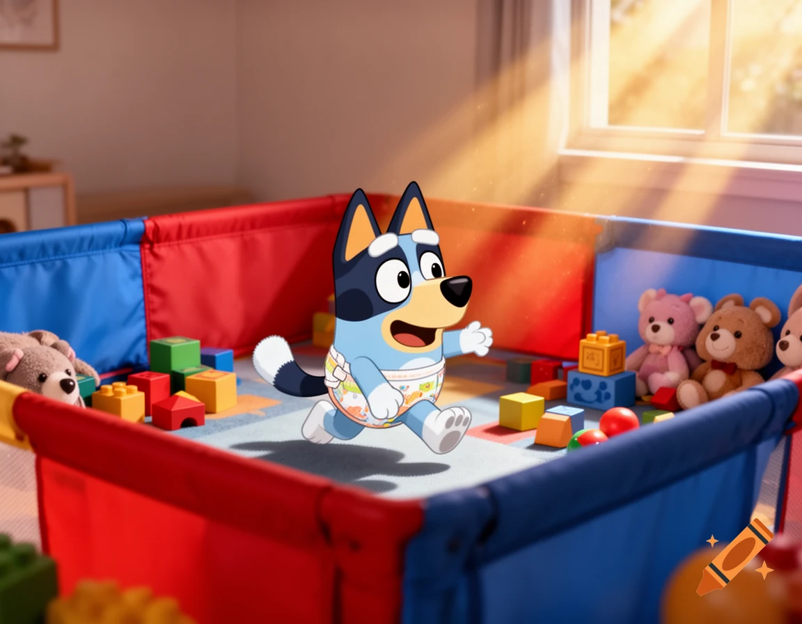 Bluey, a blue cartoon dog, wears a diaper and runs in a red and blue playpen filled with colorful blocks and teddy bears.