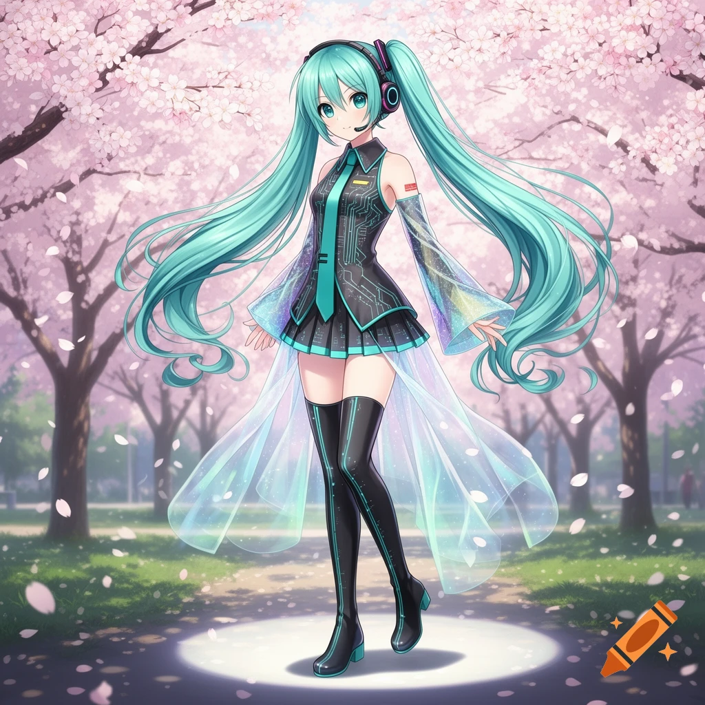 A full-body anime character, Hatsune Miku, with long turquoise pigtails and a futuristic outfit, stands under pink cherry blossoms.