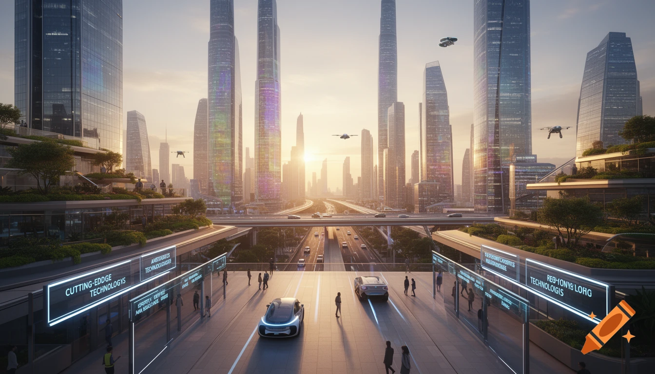 A photorealistic image of a futuristic cityscape with tall skyscrapers, flying drones, modern cars, and glowing signs at sunrise.