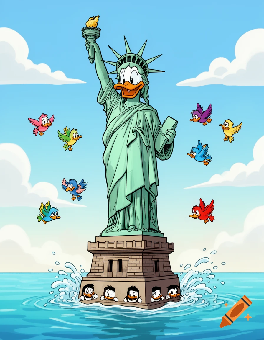 Cartoon of Donald Duck as the Statue of Liberty in the ocean, surrounded by colorful birds. Huey, Dewey, and Louie peek from the base.