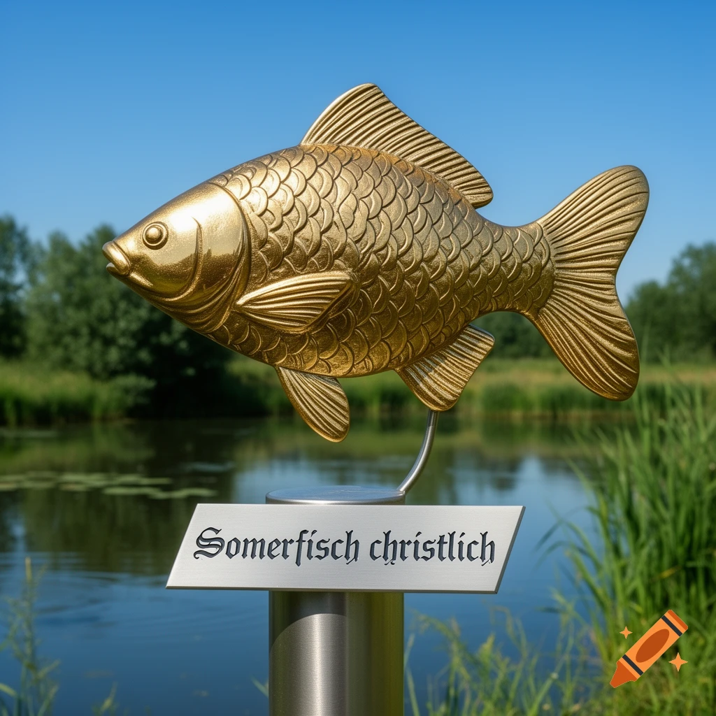 A golden fish statue on a metal stand, set against a serene lake with green foliage and a clear blue sky.