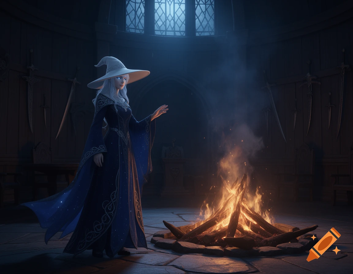 A witch with long white hair, a white hat, and a blue dress stands by a blazing campfire in a dark, stone-walled chamber.