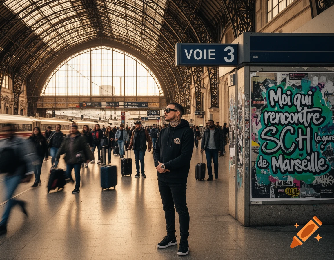 A tattooed man in sunglasses stands in a bustling train station with an arched ceiling, next to a graffiti poster.