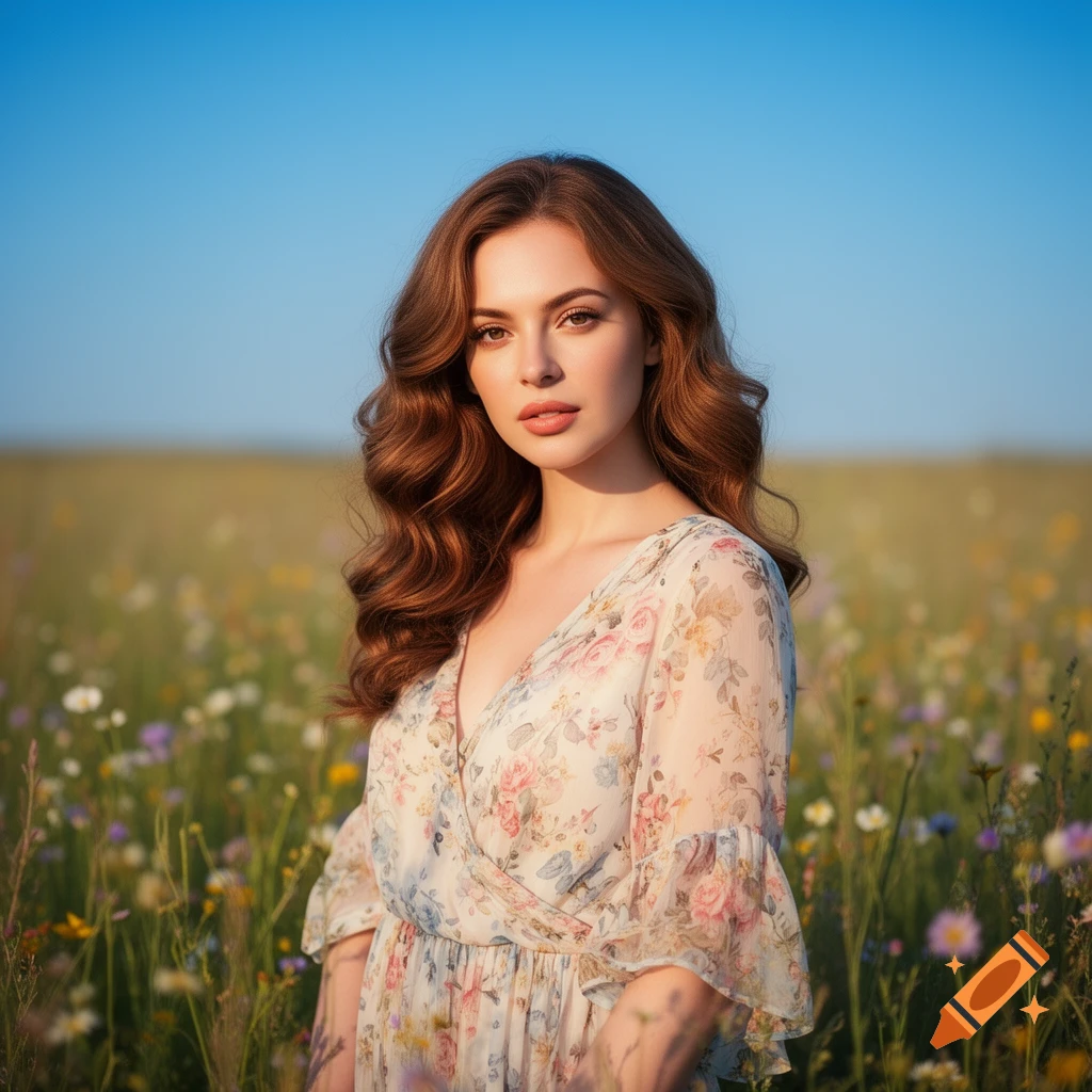 A beautiful woman with long wavy brown hair wears a floral dress and stands in a sunlit field of wildflowers under a clear blue sky.
