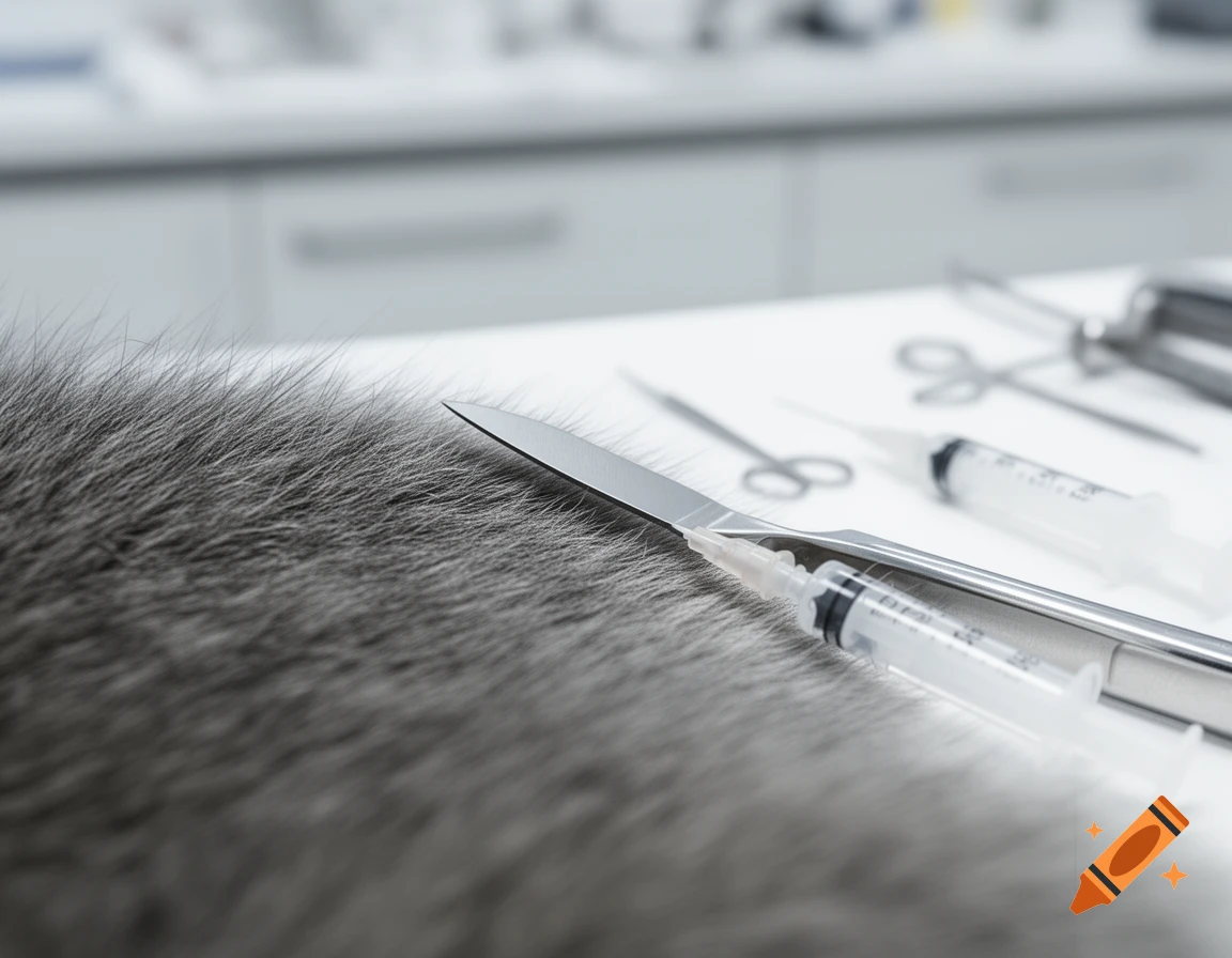 Close-up of a scalpel, tweezers, and syringes on a white table next to grey animal fur, suggesting a veterinary procedure.