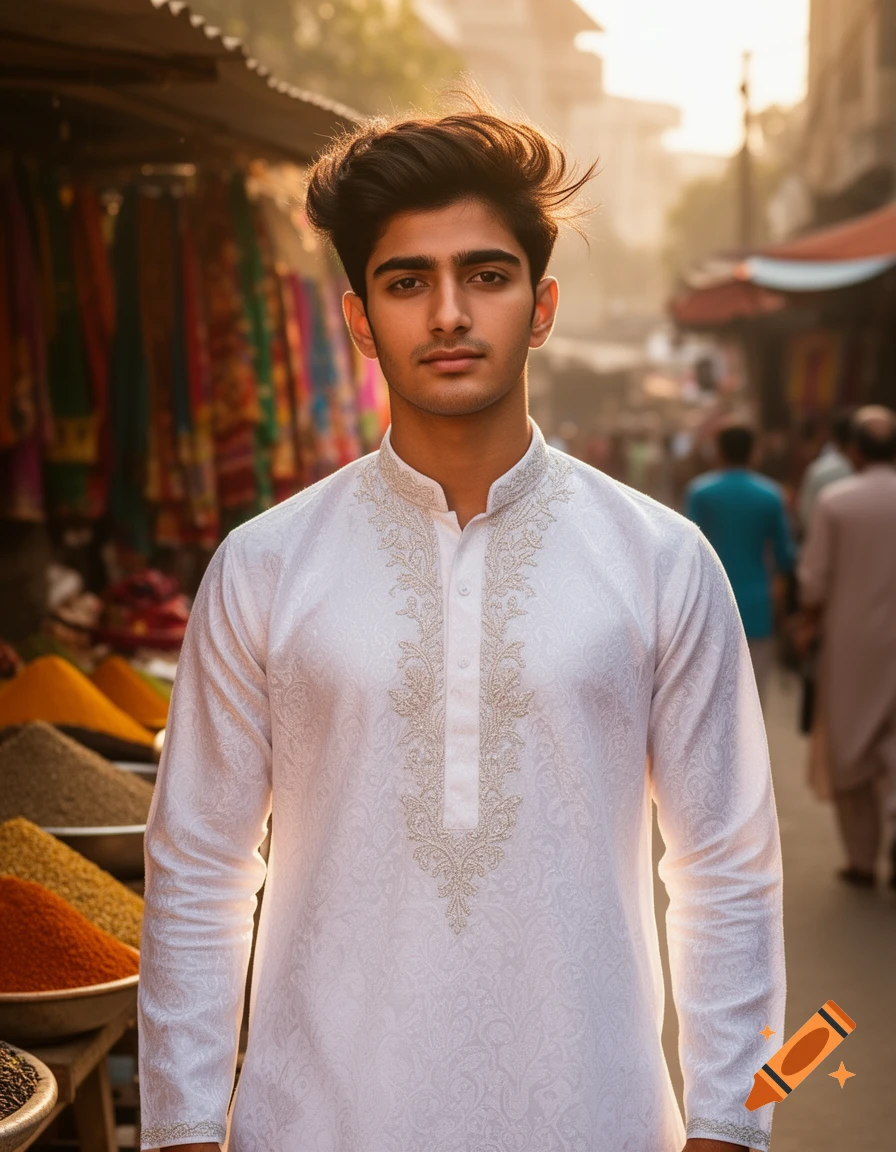 Photorealistic portrait of a young South Asian man in a white embroidered kurta, standing in a bustling market street.