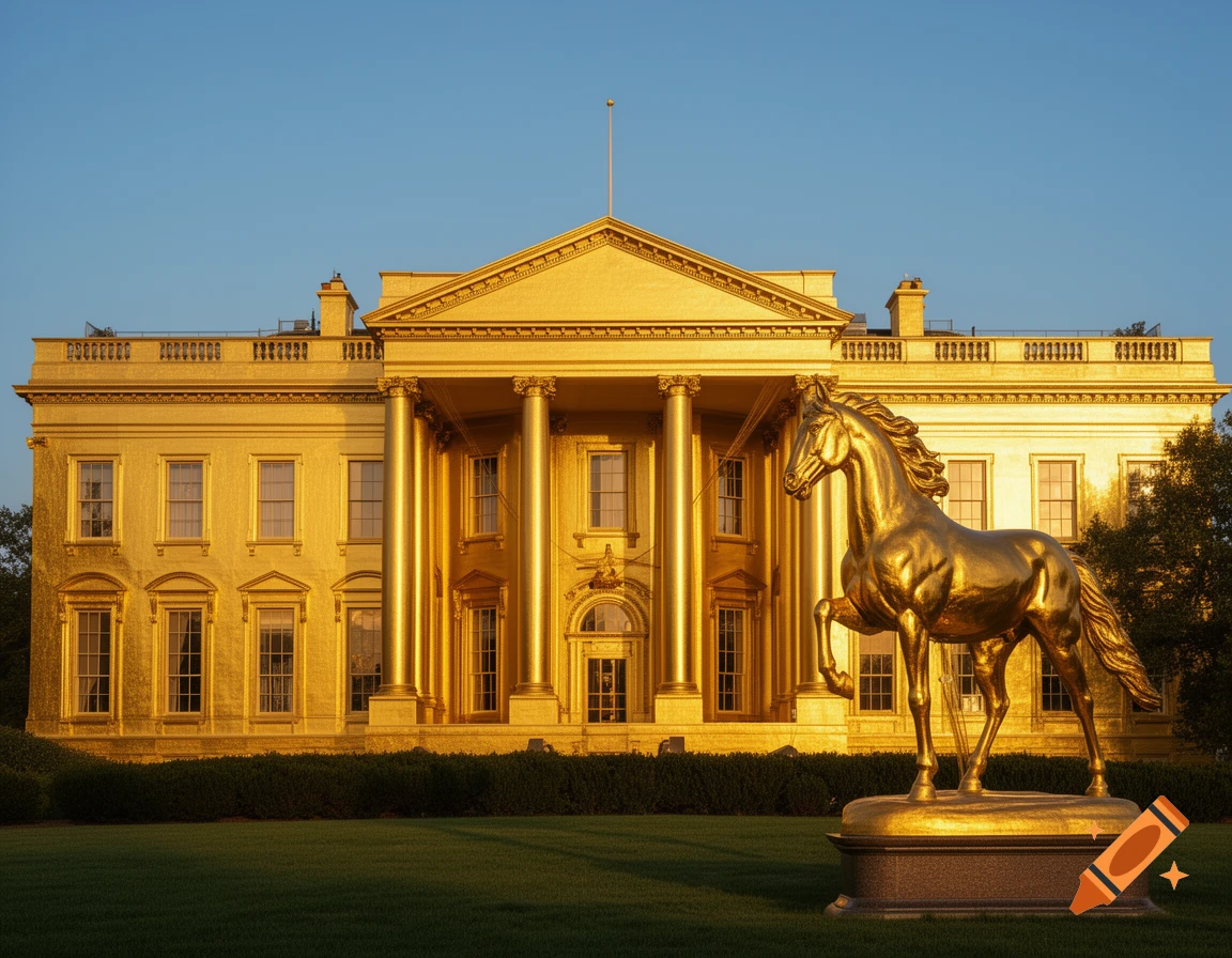 A golden White House stands behind a gleaming golden horse statue on a green lawn under a clear sky.