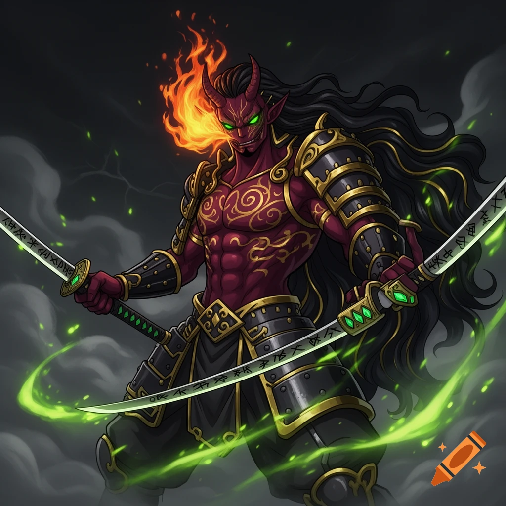 A demon samurai with red skin, horns, green glowing eyes, and fiery breath, wielding two swords with green glowing blades.