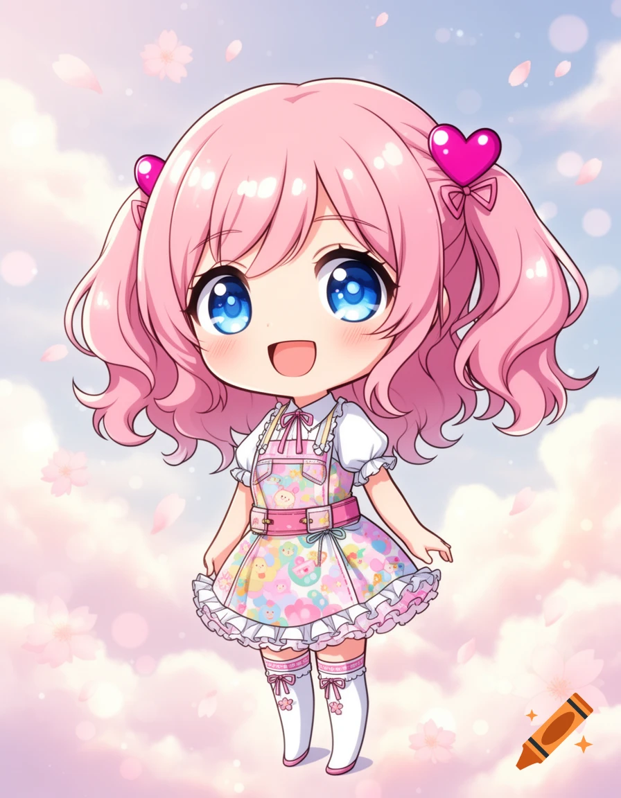 Chibi anime girl with pink pigtails, blue eyes, and a patterned dress, floating among pink cherry blossoms.