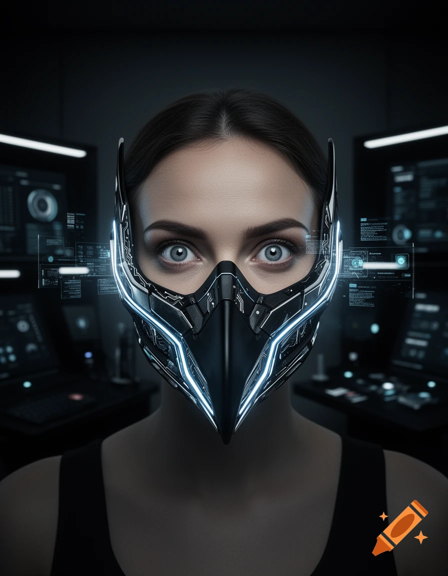 Close-up of a woman with intense eyes wearing a glowing black and blue high-tech mask in a dark room with blurred computer screens.