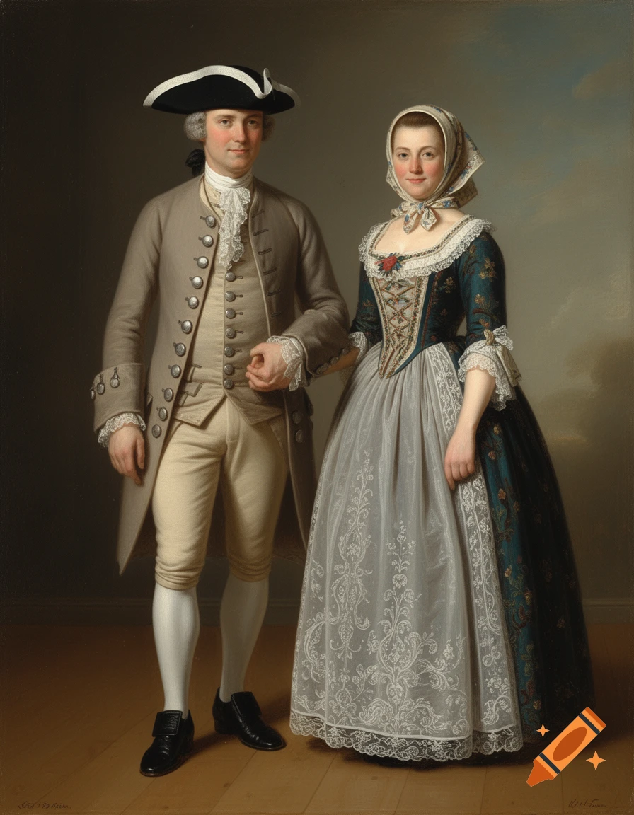 Full-length oil painting portrait of a man and woman in 18th-century Danish attire, standing and holding hands.