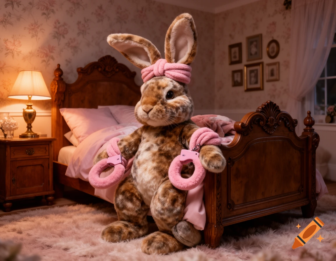 Photorealistic brown rabbit plushie with pink headband and furry handcuffs sits on a pink rug in a bedroom.