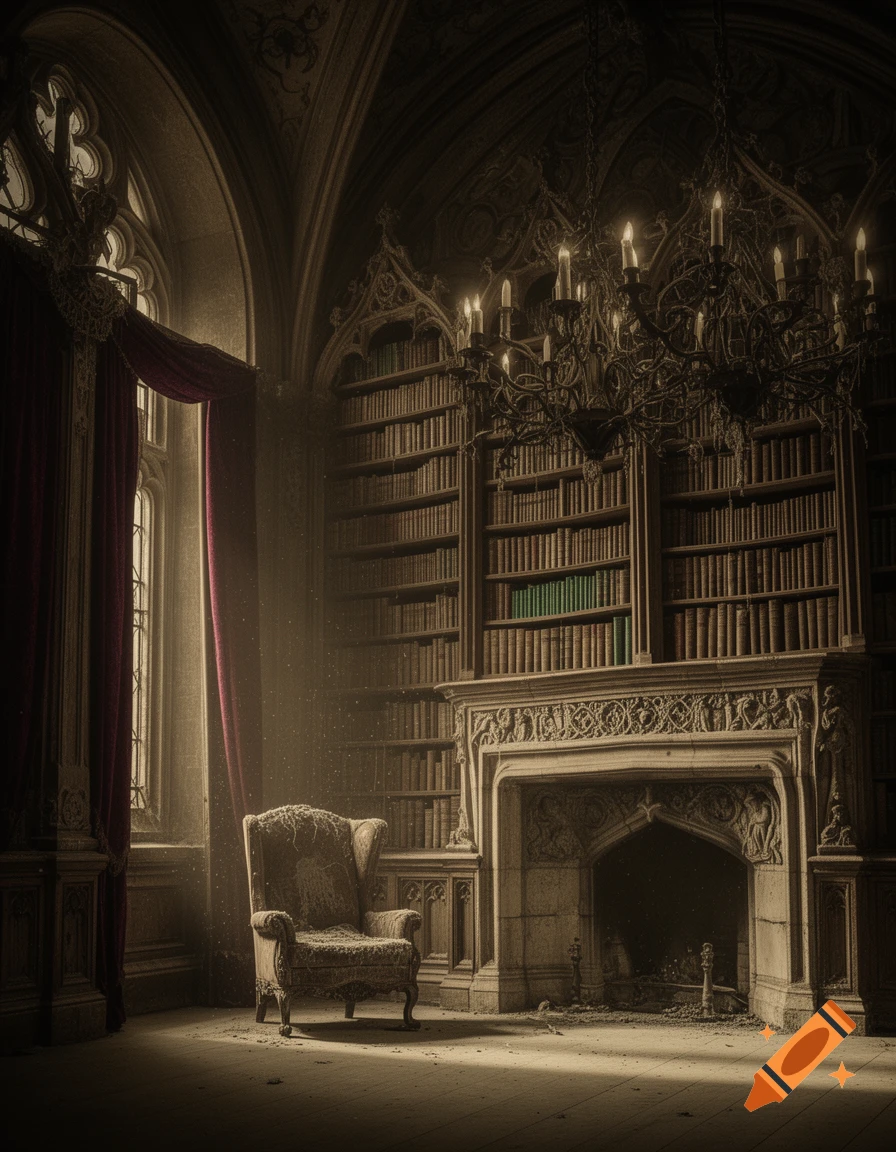 Dark, dusty gothic library interior with tall bookshelves, an ornate fireplace, and an old armchair in a shaft of light.