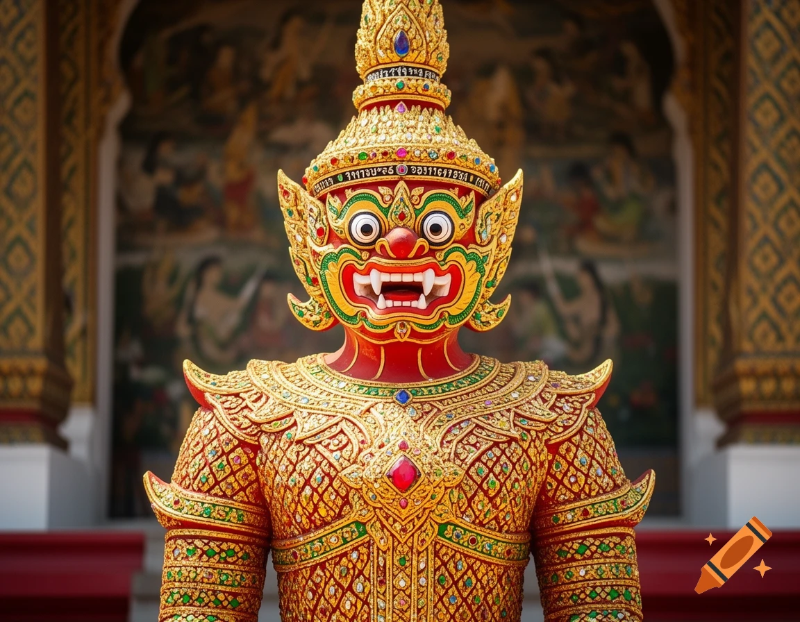 A vibrant red and gold Thai Yaksha statue, intricately decorated, against a blurred temple background.