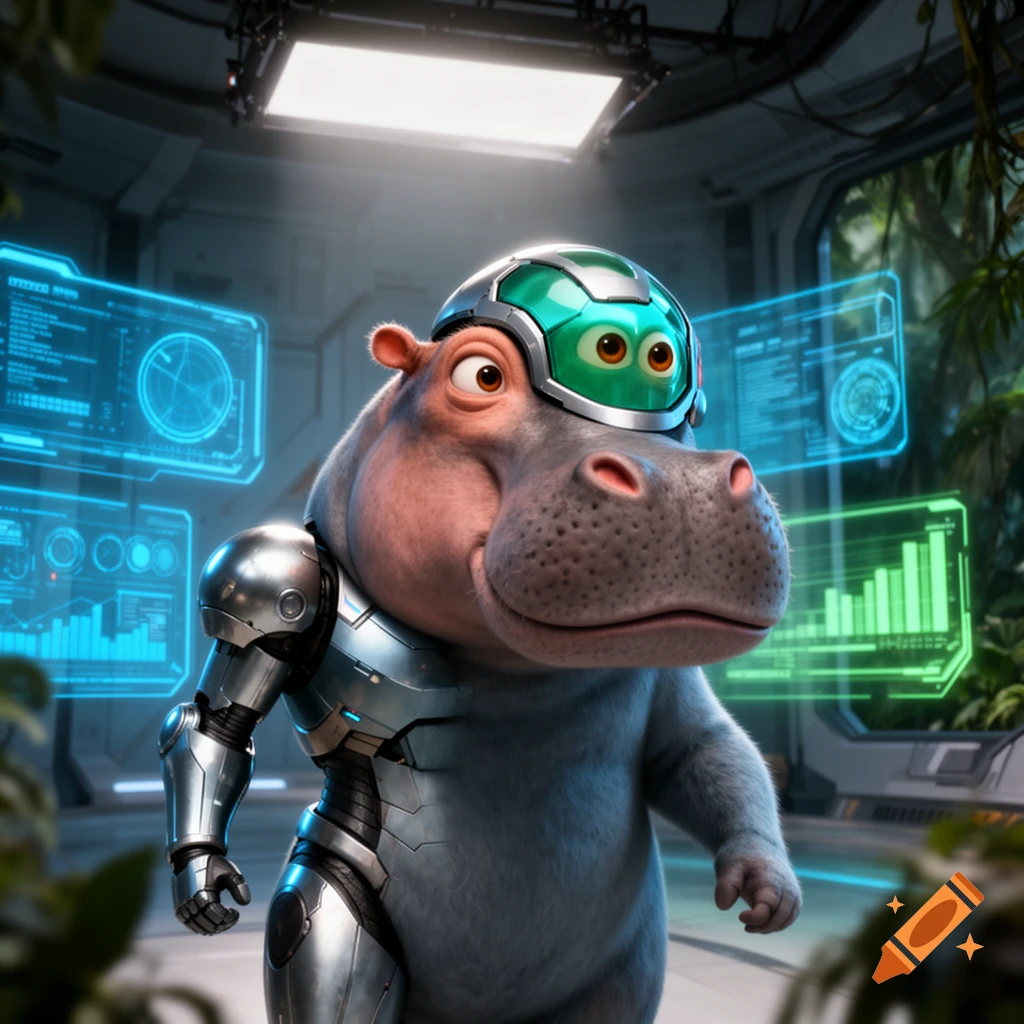 A cartoon hippo wearing a green-visored sci-fi helmet and silver armored suit stands in a futuristic room with holographic screens and lush plants.