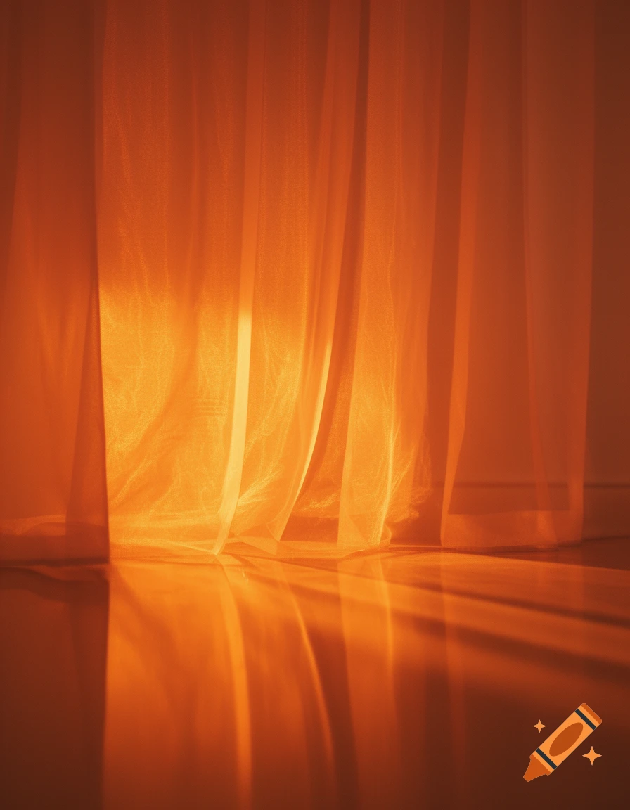 Translucent orange curtains reflecting glowing light on a floor.