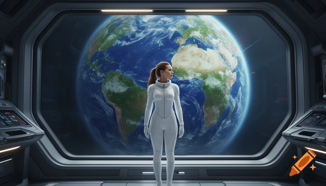 A woman in a white spacesuit stands inside a futuristic spaceship, looking out a large window at a detailed view of Earth.