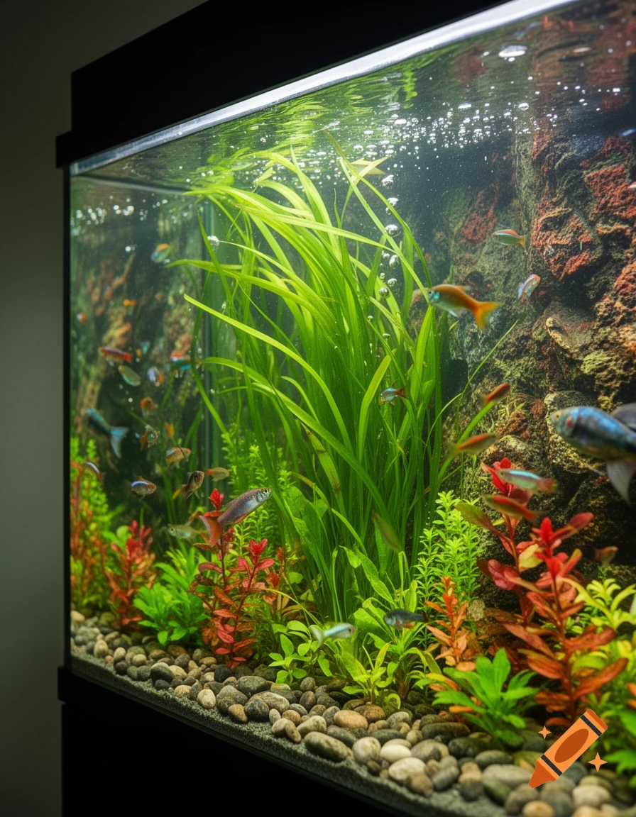 A vibrant freshwater aquarium with colorful fish, lush green and red aquatic plants, and a rocky background, viewed from the left.
