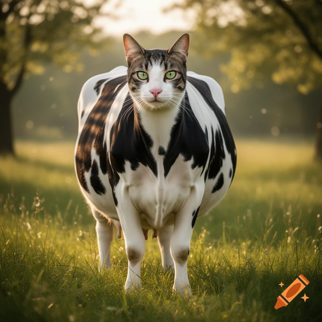 A creature with a cat's head and a black and white cow's body stands in a sunny, grassy field.