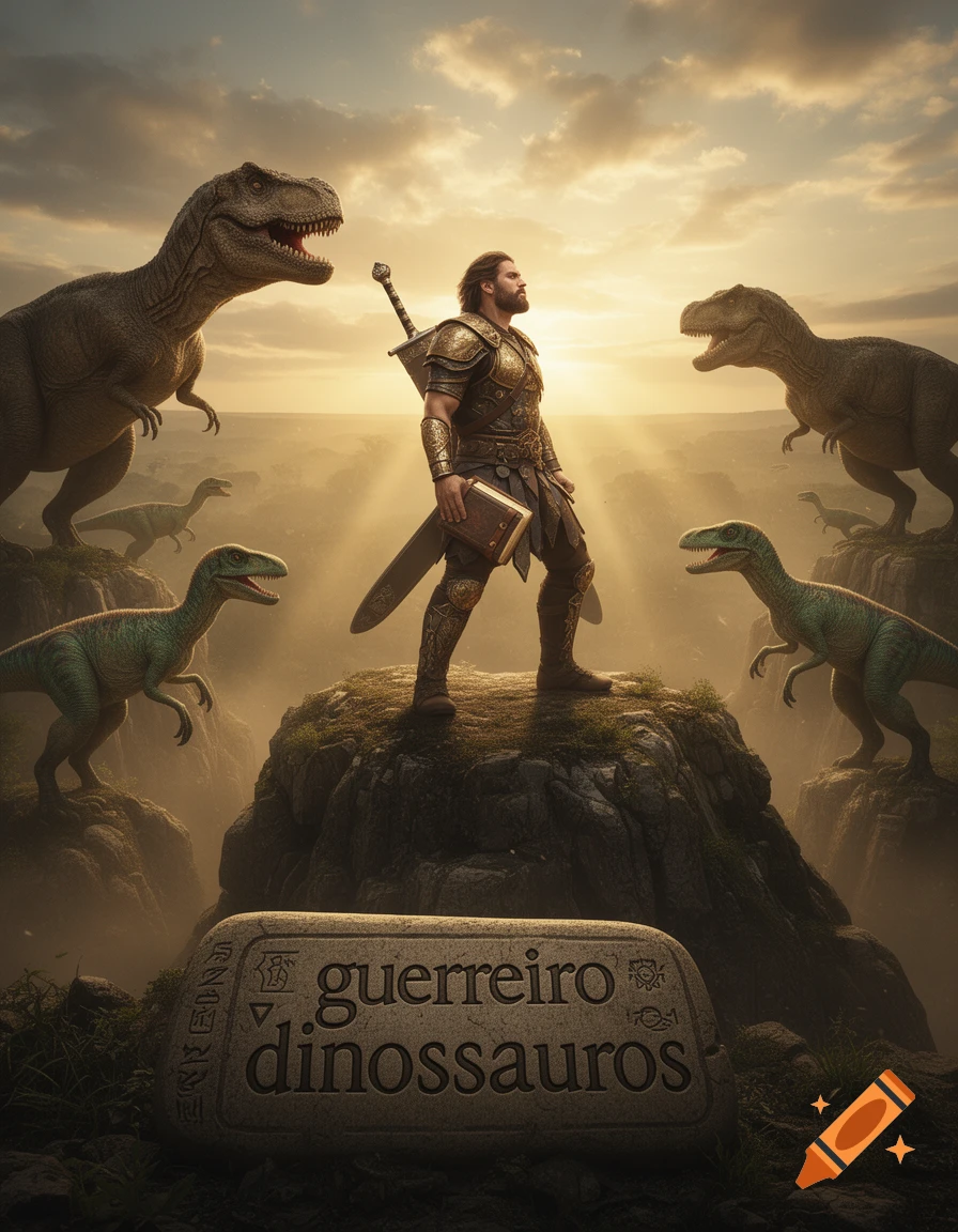 Bearded warrior in golden armor on a rock, surrounded by large dinosaurs under a sunset sky, with a stone tablet.