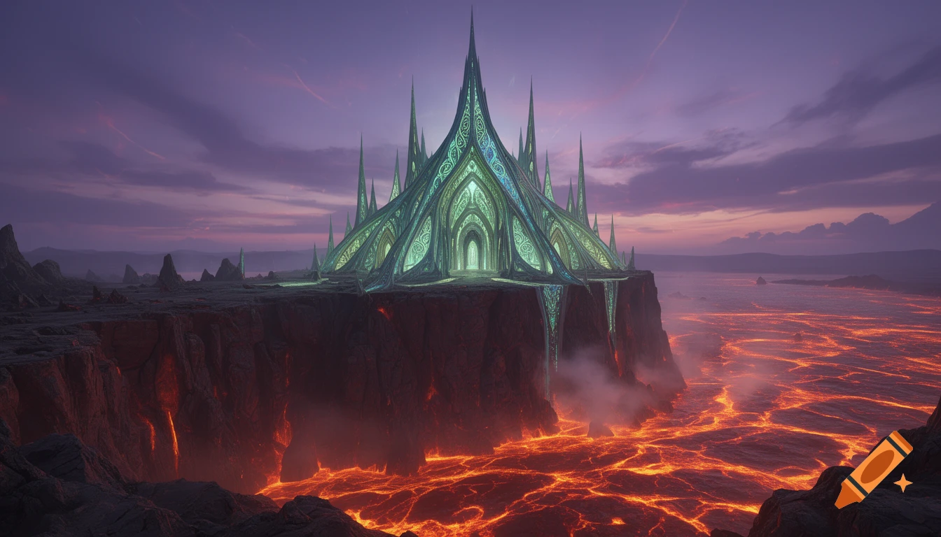 An ornate, glowing alien palace on a cliff overlooking a vast, flowing lava sea under a dramatic purple and orange sky.