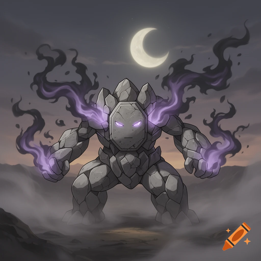 A rock and ghost type Pokemon with a body made of rocks, glowing purple eyes, and purple and black tendrils rising from its shoulders and hands, stands under a crescent moon in a misty landscape.