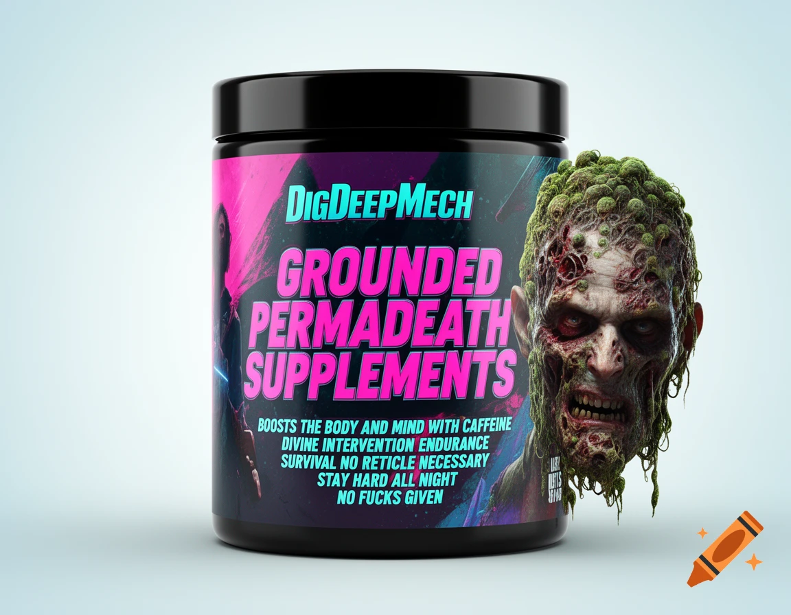 A black supplement jar with a bright pink and cyan label. A grotesque zombie-like head with green growths protrudes from the right side of the jar.